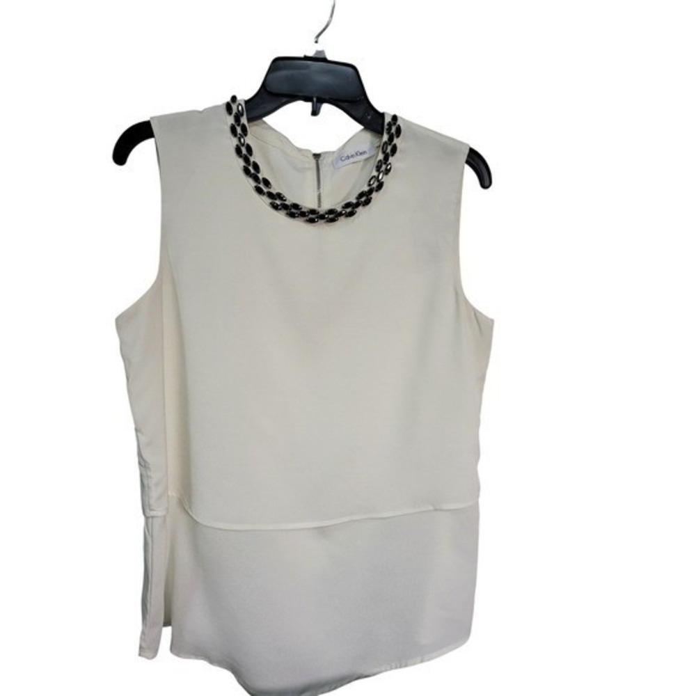 Casual Calvin Klein Sleeveless Blouse Layered Jewel Neck Top Ivory black Stones